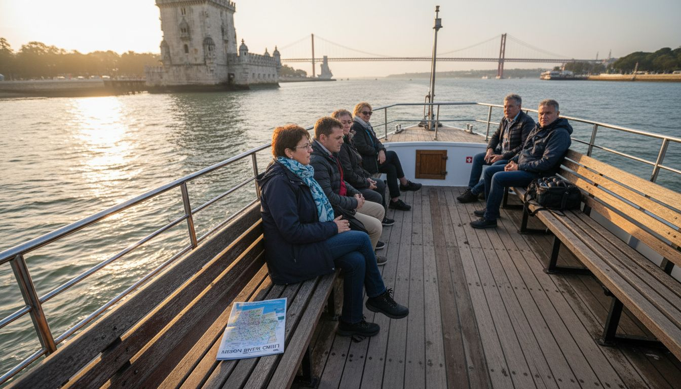 Tourists on boat viewing Lisbon landmarks on Tagus