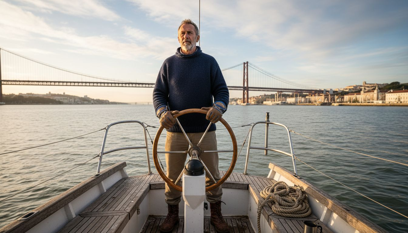 Sailor steering boat on Lisbon’s Tagus River