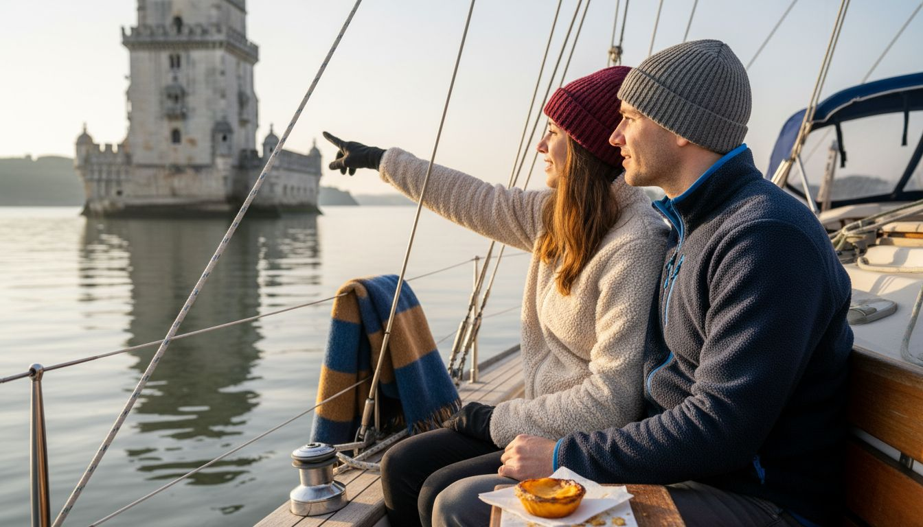 Passengers admire Belem Tower from sailboat