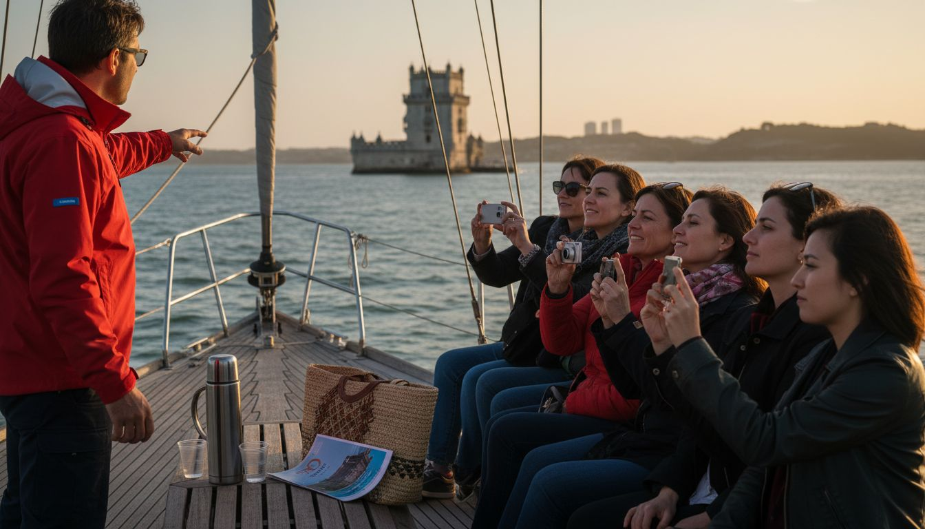 Guide pointing out Lisbon landmark from boat