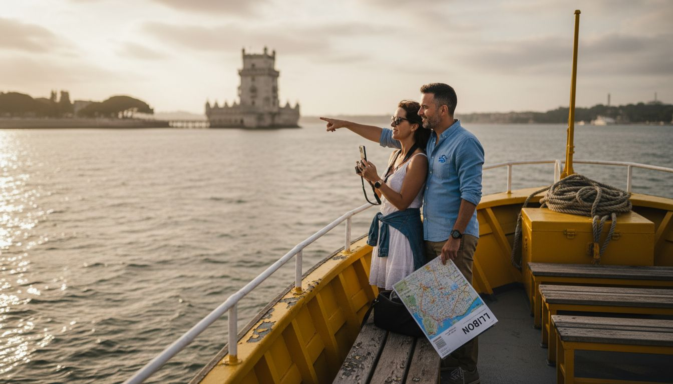 Couple photographing Belém Tower from boat deck