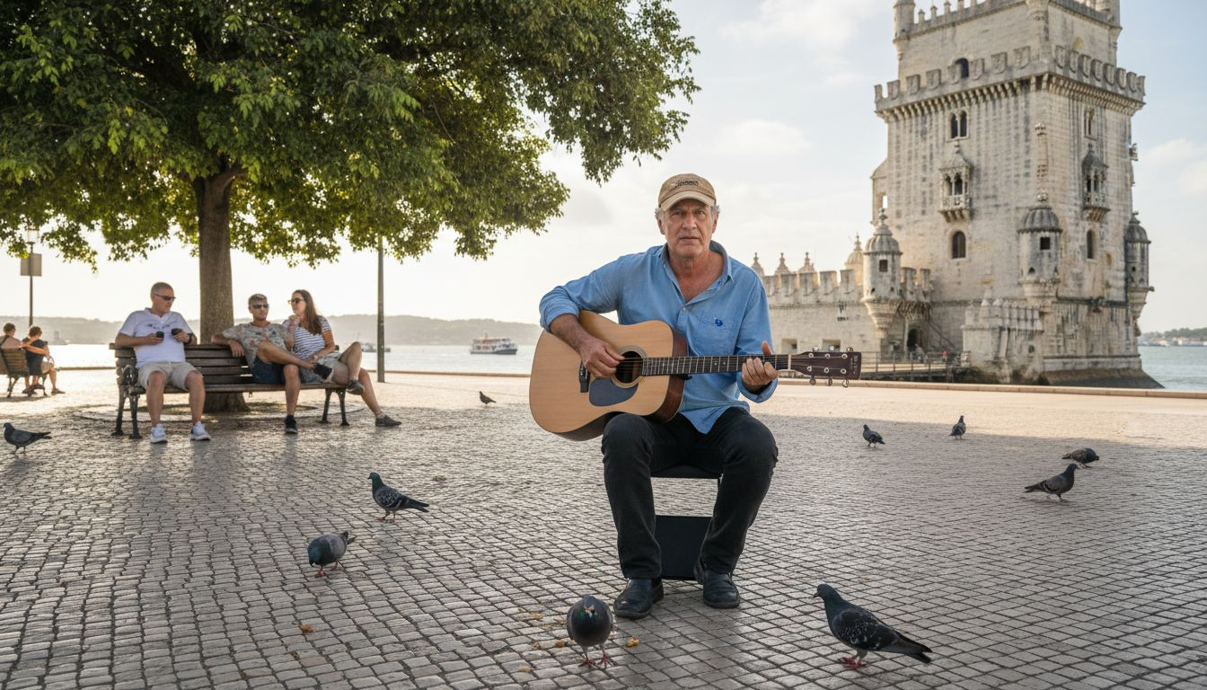Musician playing near Belém Tower by riverside