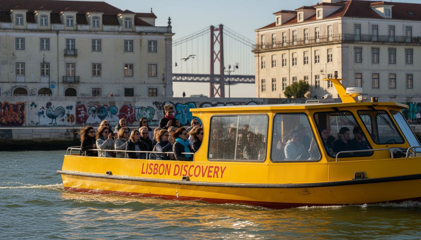 Yellow river tour boat passing Lisbon bridge