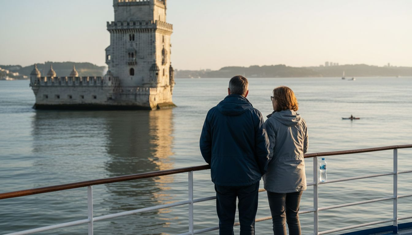 Tourists viewing Belem Tower from river boat