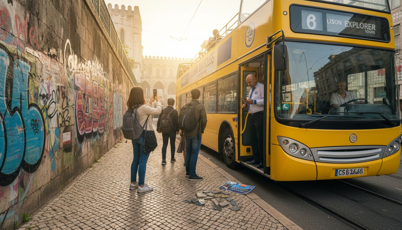 Tourists boarding Lisbon sightseeing bus in city center