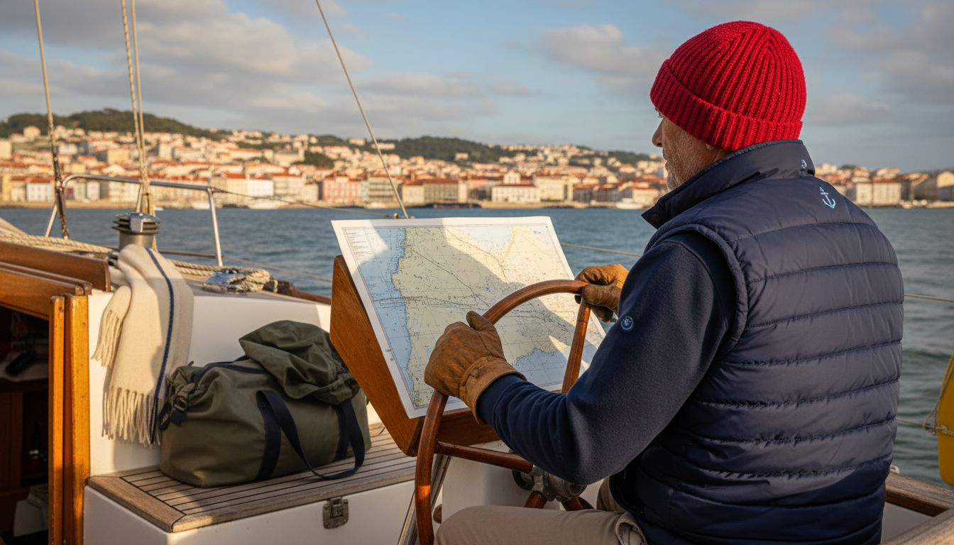 Lisbon skipper checks map under winter sun