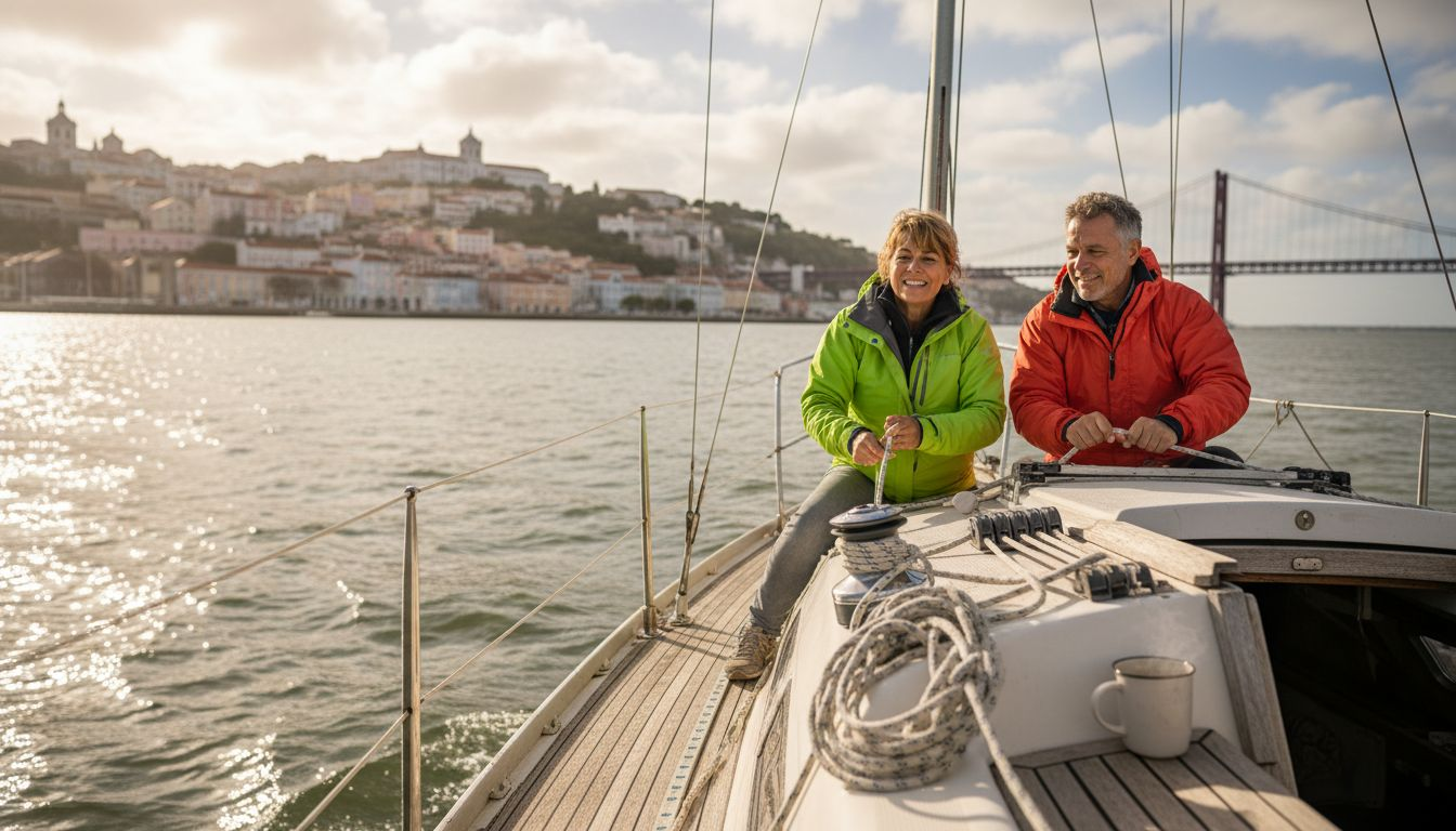 Couple sailing in sunny Lisbon winter
