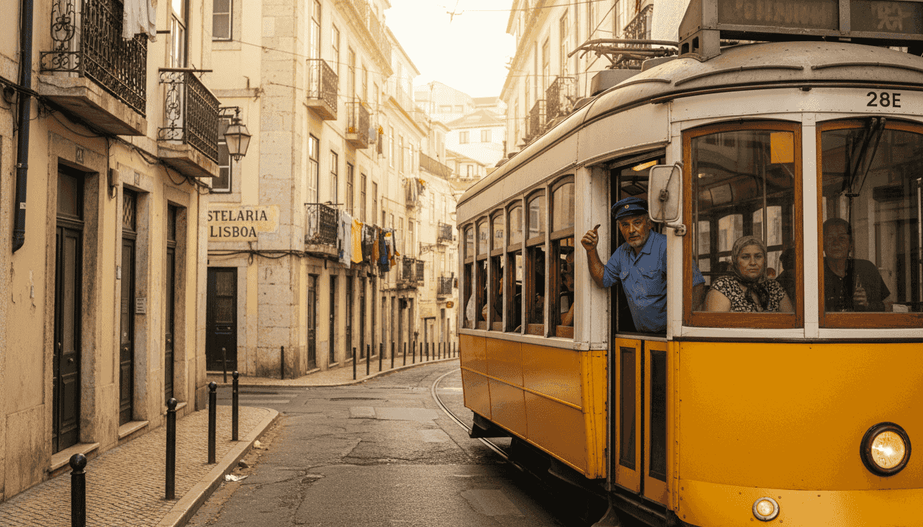 Vintage tram on Alfama street in Lisbon