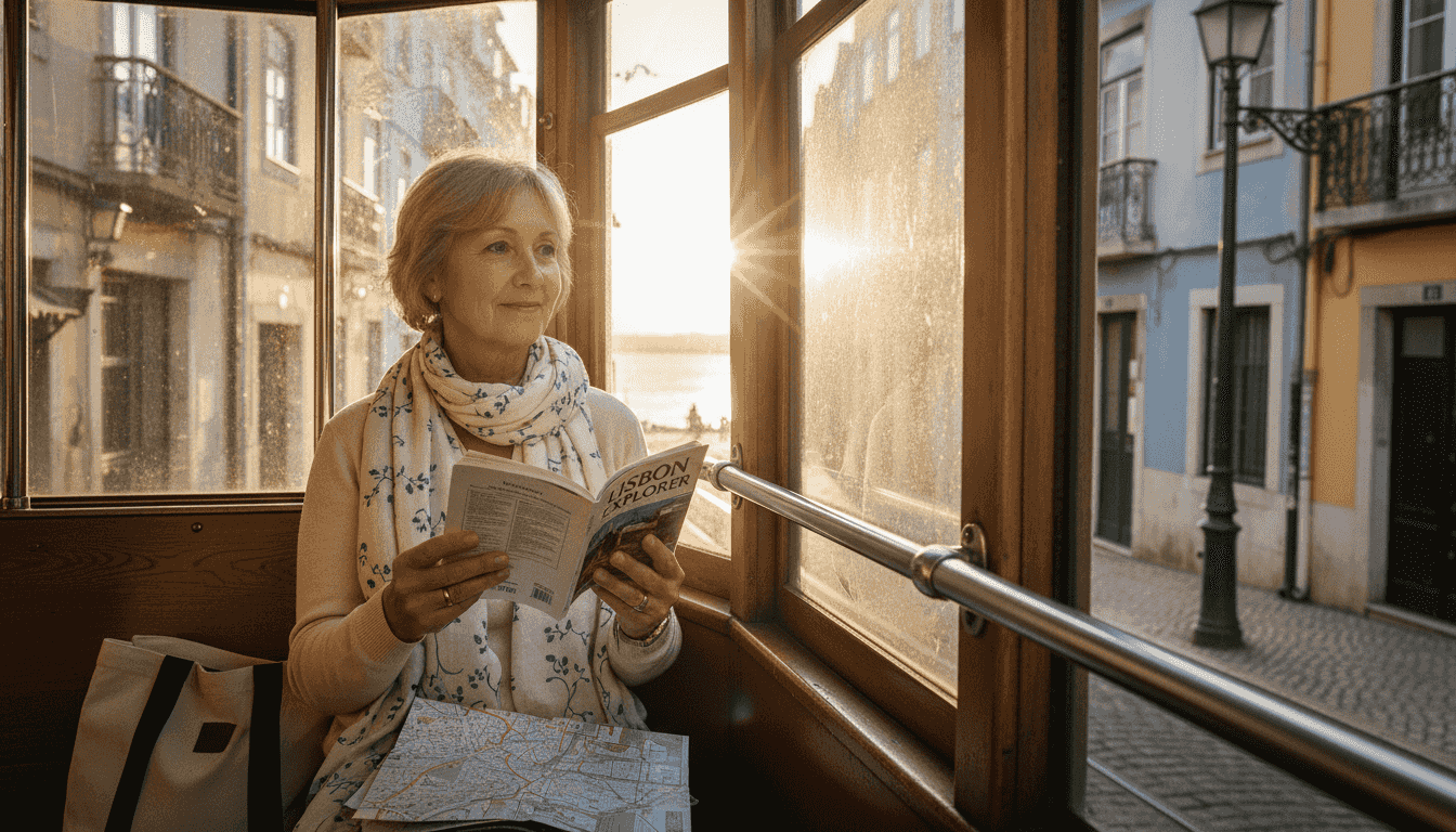 Tram passenger near Lisbon riverside scenery