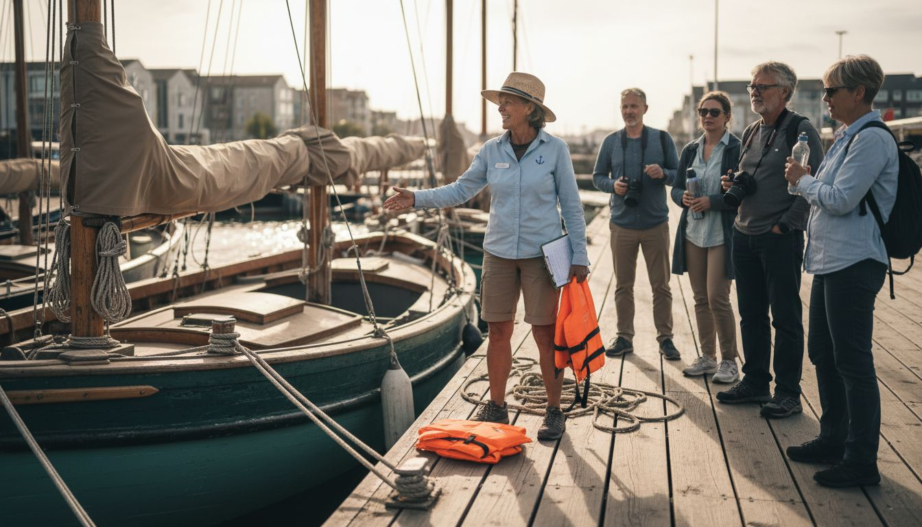 Tour guide giving safety briefing at dock