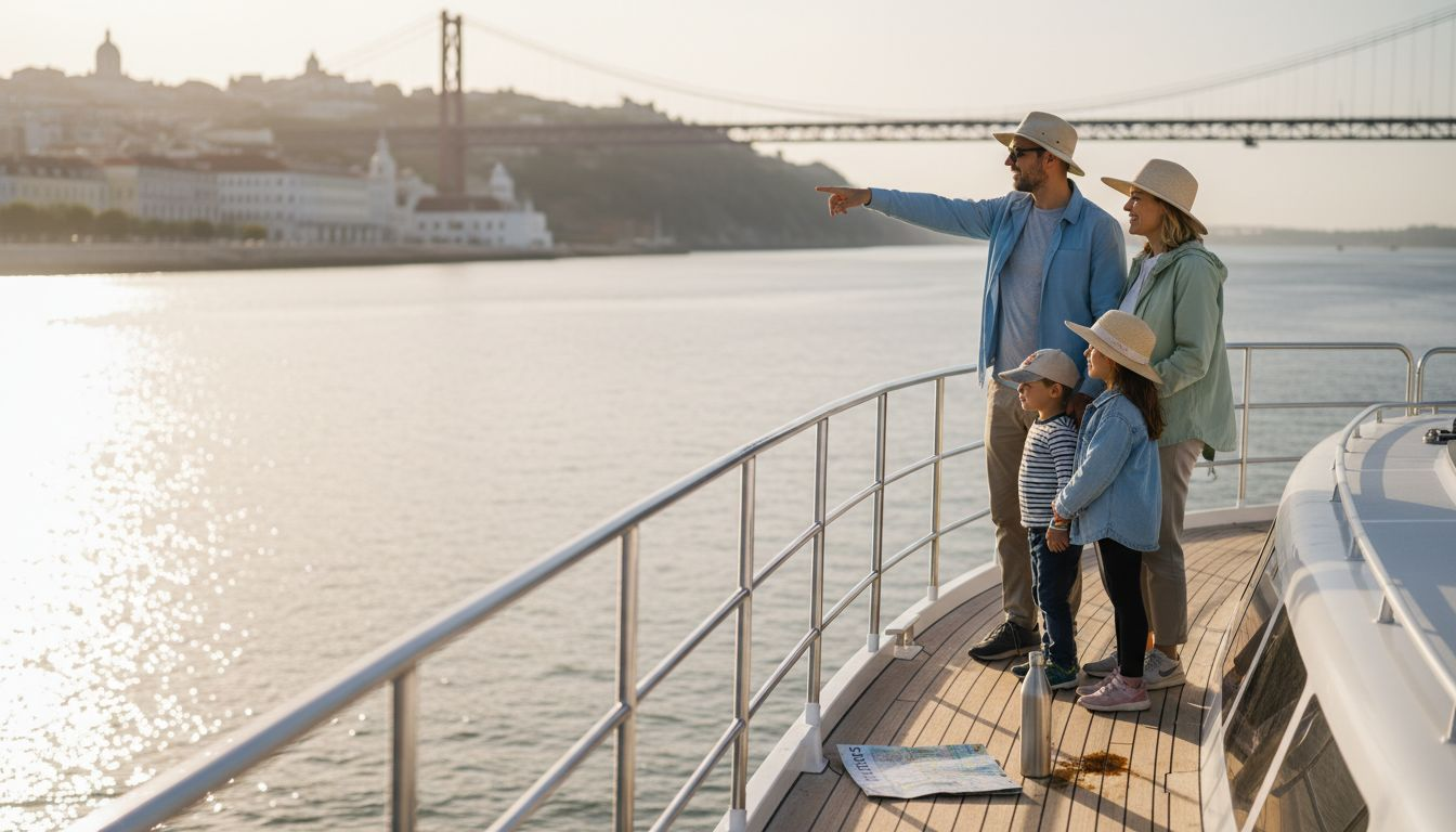 Family viewing Lisbon from river boat deck