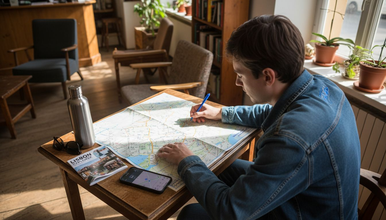 Traveler planning Lisbon route at table