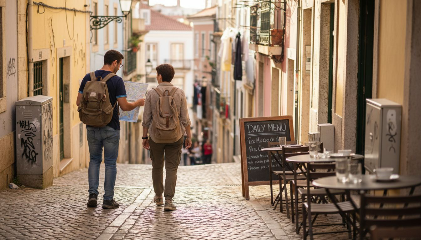 Tourists exploring historic Lisbon street with map