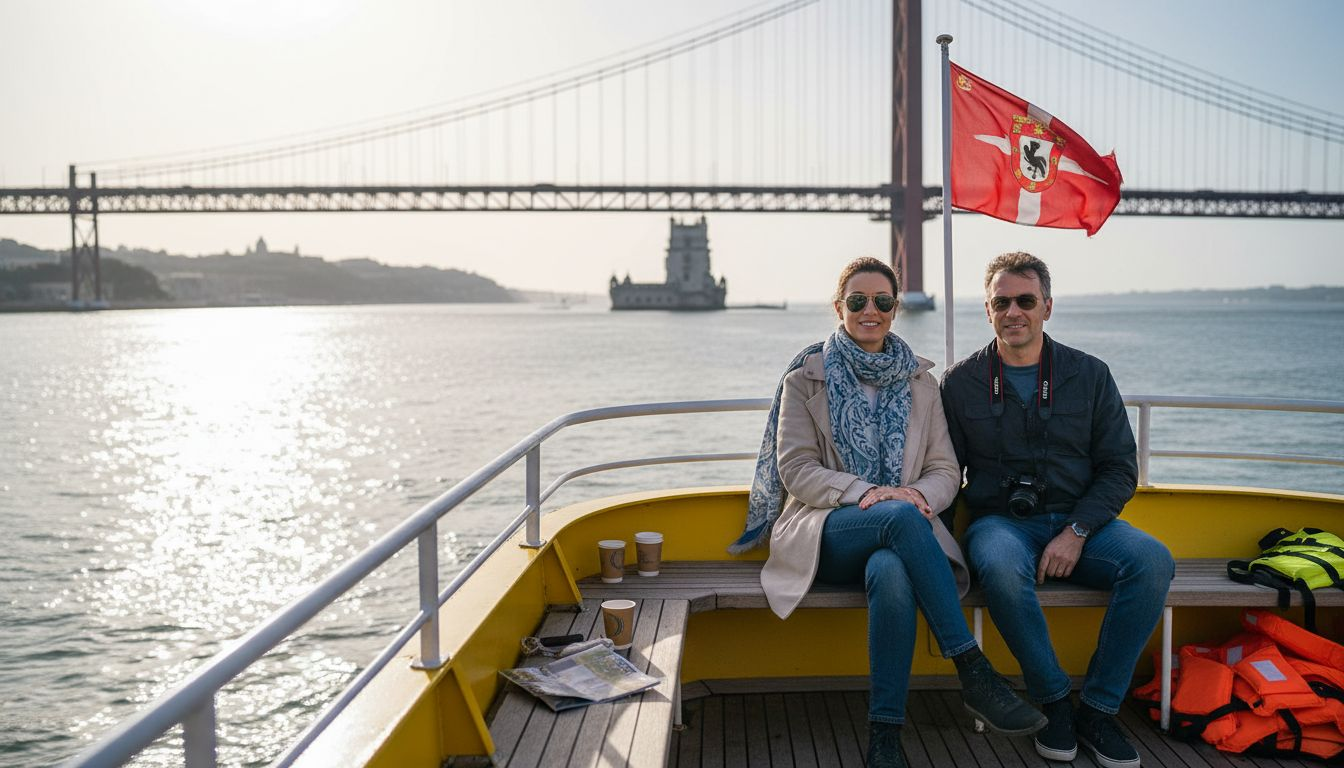 Tourists on yellow boat passing Lisbon landmarks