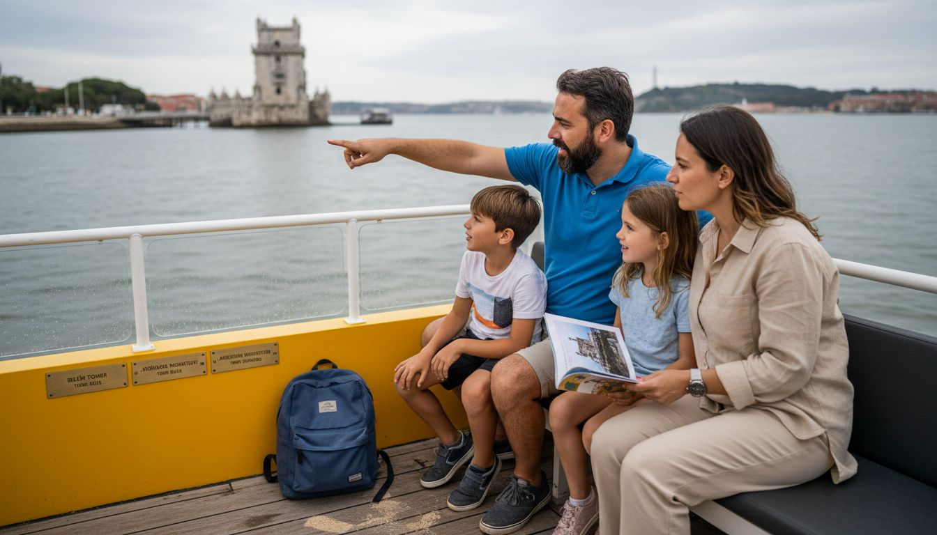 Family viewing Belém Tower from boat