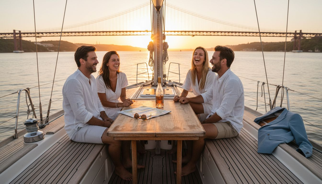Friends enjoy Lisbon sunset yacht cruise