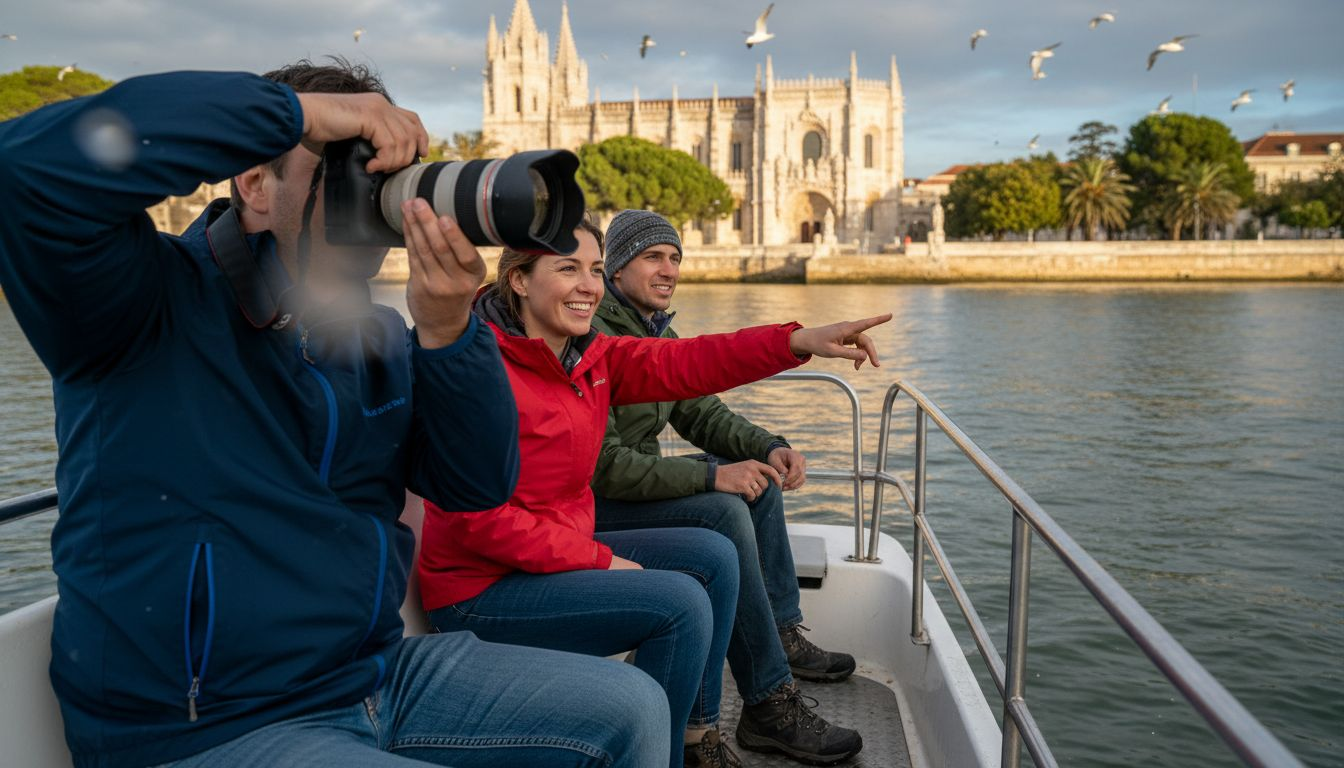 Tourists sailing past Jerónimos Monastery