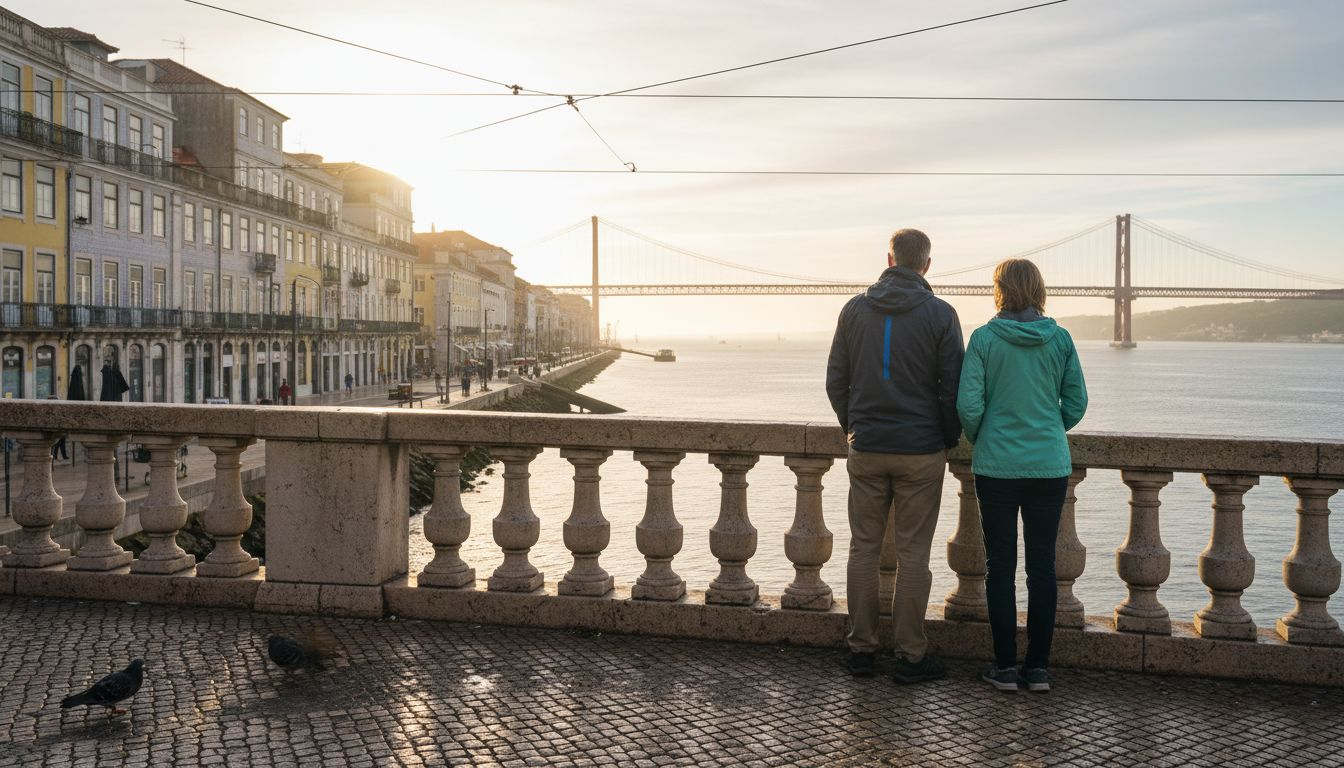 Couple viewing Lisbon’s riverside landmarks