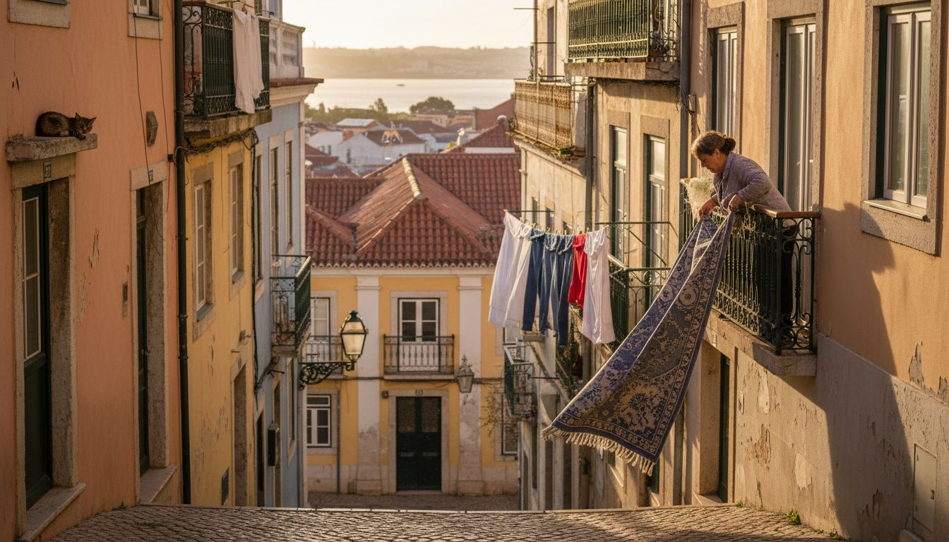 Alfama balcony above river and old streets