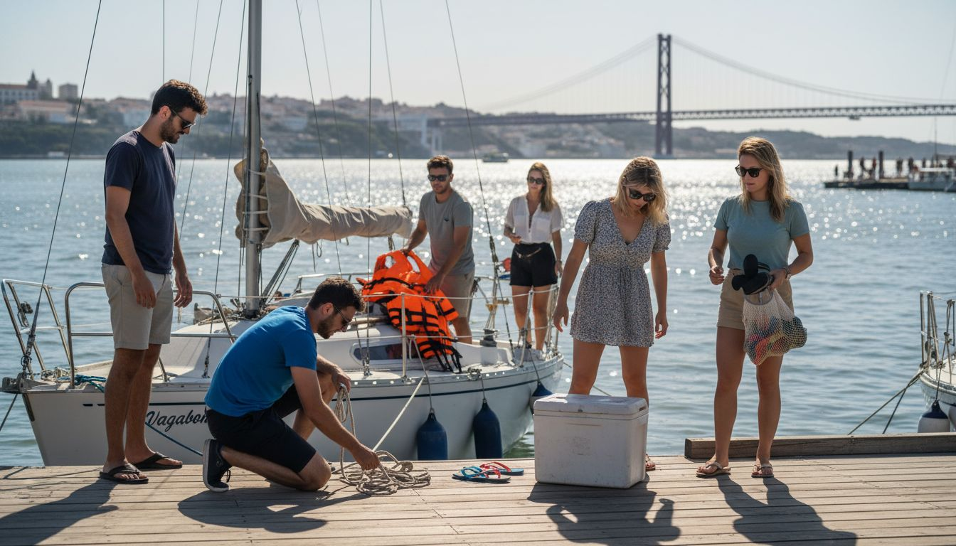 Friends preparing sailboat at Lisbon marina