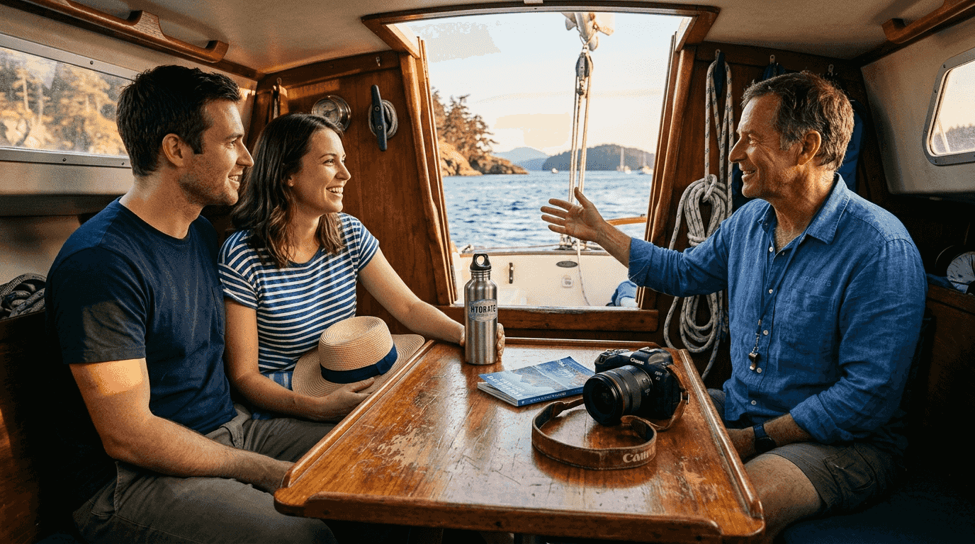 Couple listens to guide on small sailboat
