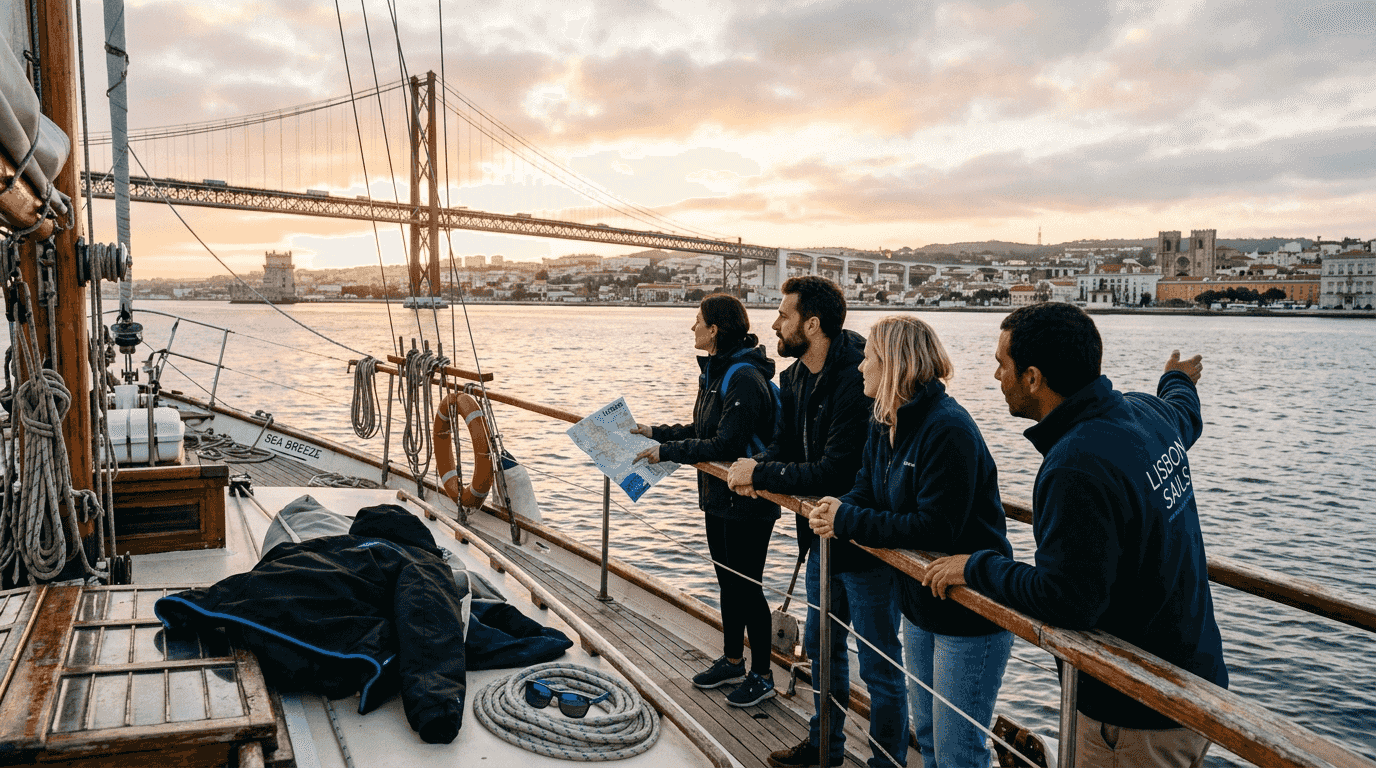 Tourists viewing Lisbon from sailboat at sunrise