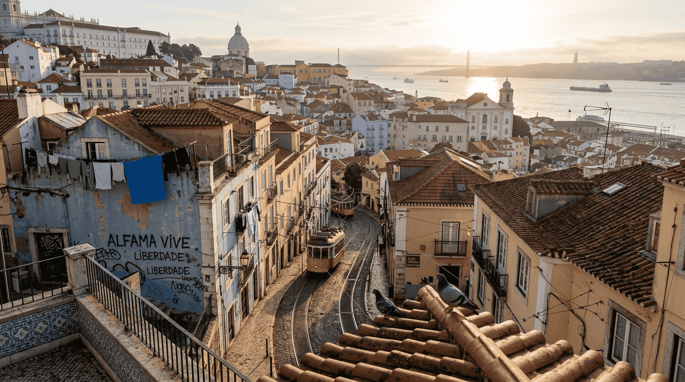 Sunrise over Lisbon cityscape and Alfama rooftops
