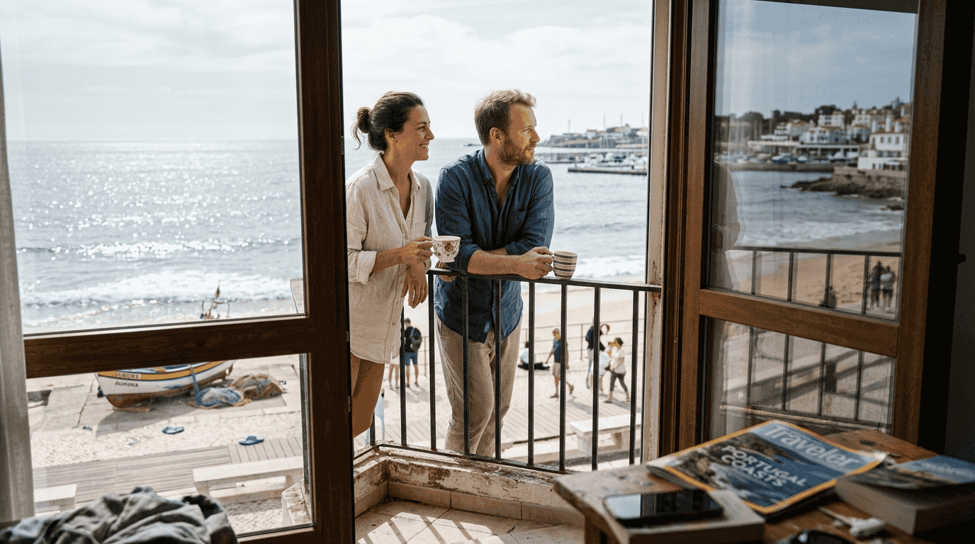 Couple on Lisbon coast hotel balcony with sea view