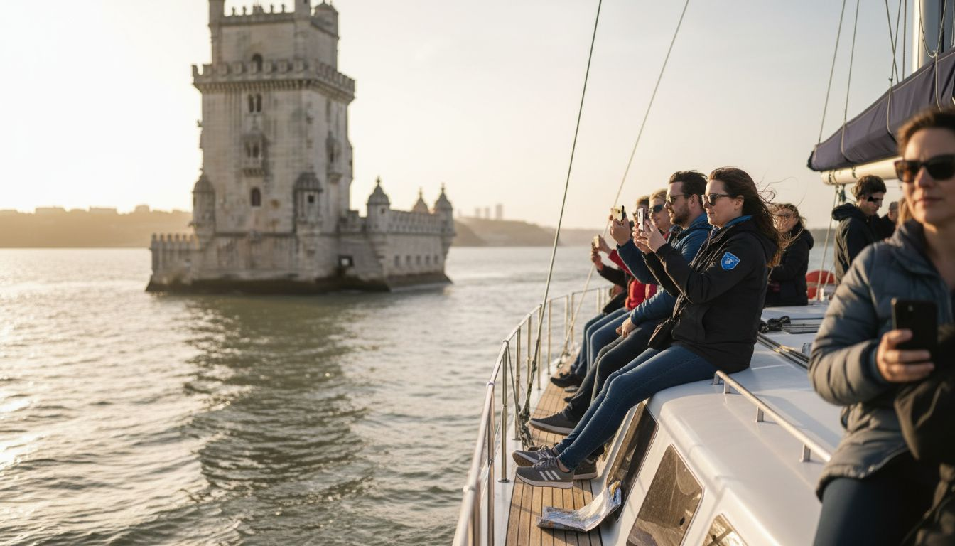 Tourists on catamaran passing Belém Tower Lisbon
