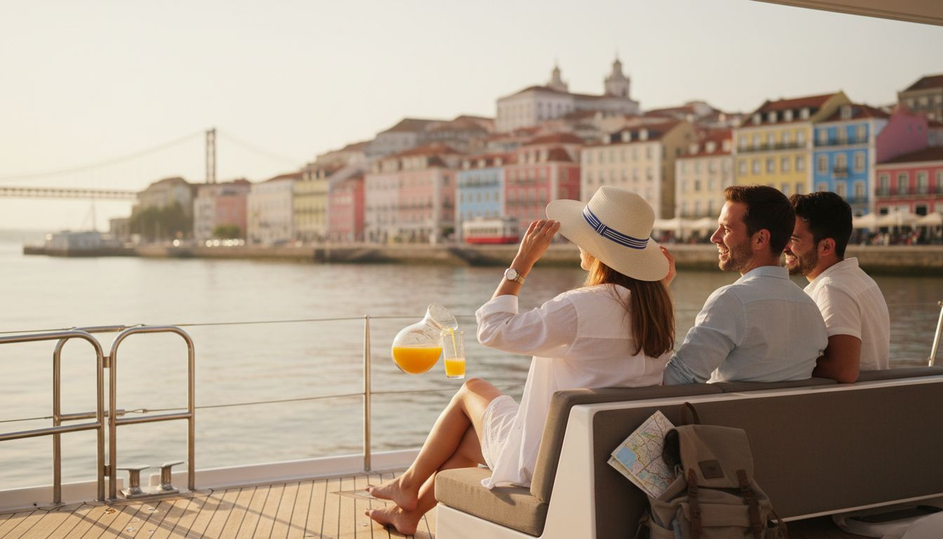 Catamaran deck with passengers viewing Lisbon