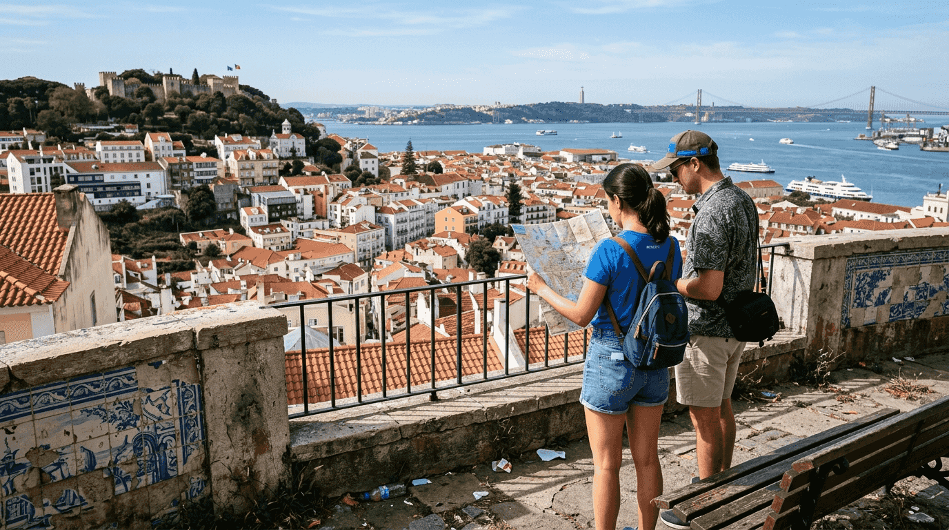 Tourists overlooking Lisbon historic cityscape