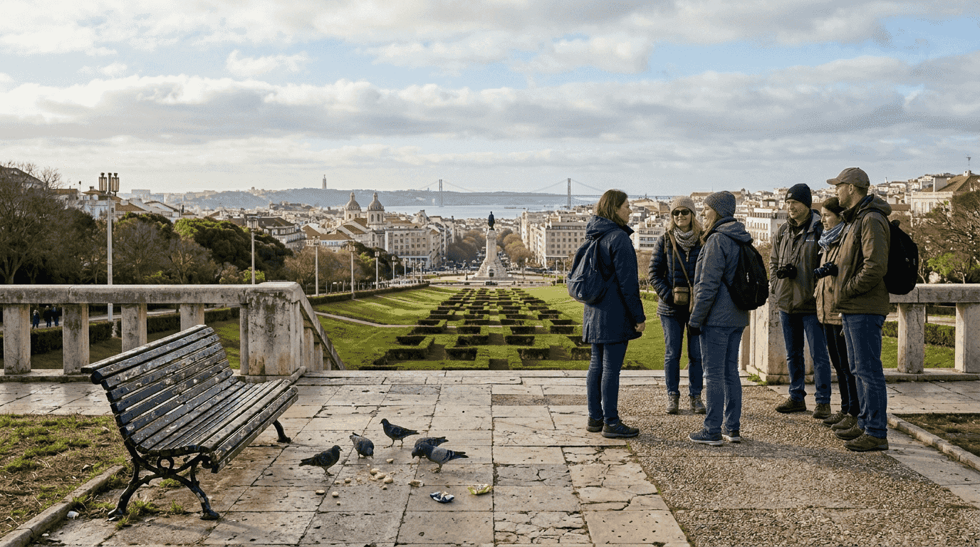 Tourists enjoying Lisbon city park panorama