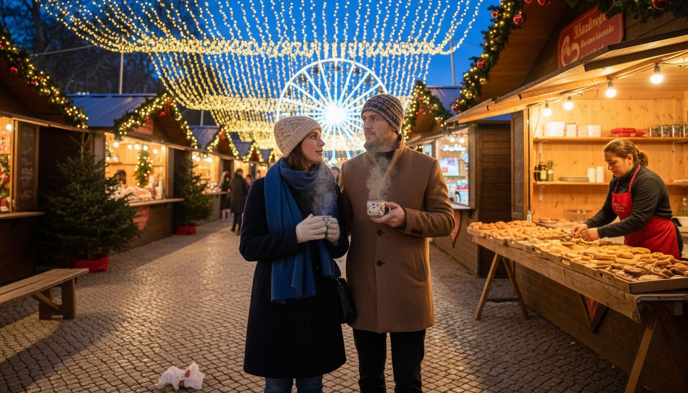 Couple exploring Lisbon Christmas market at dusk