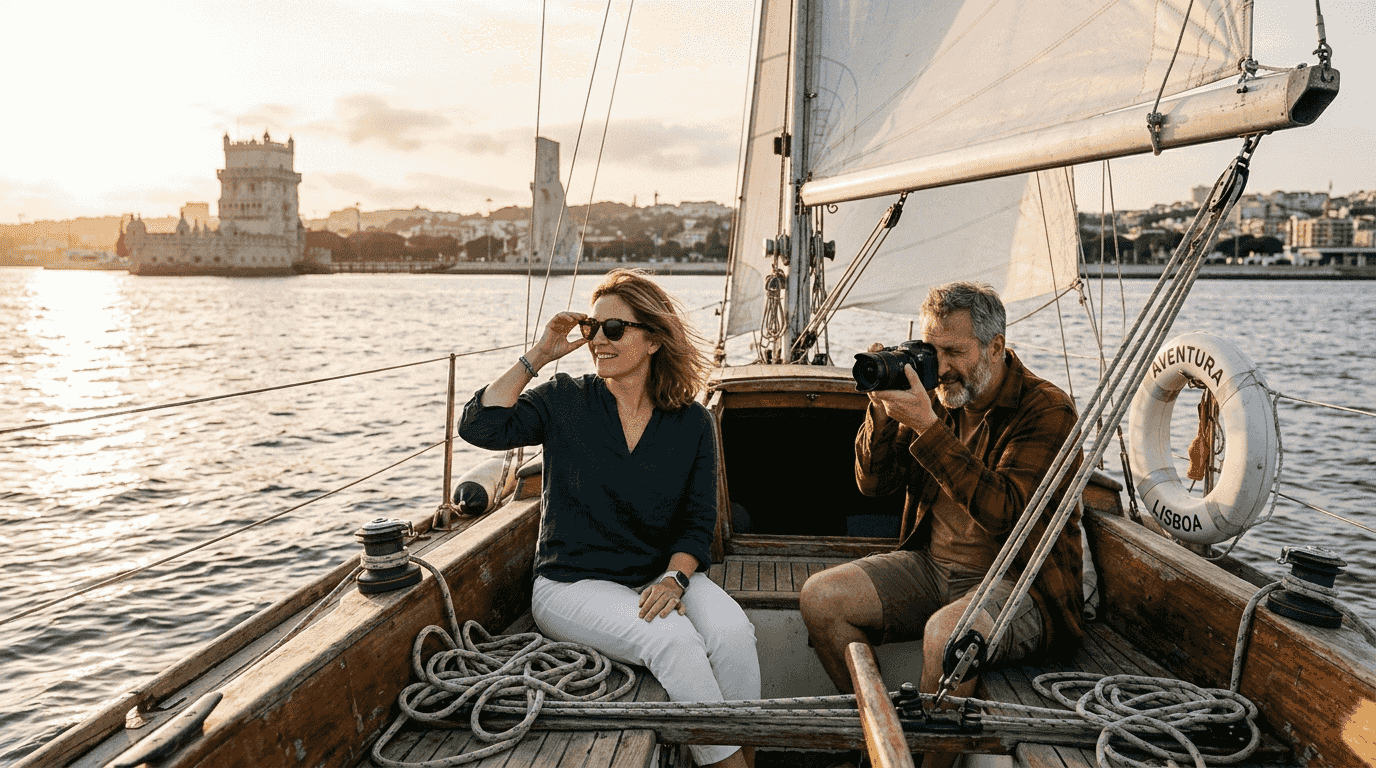 Travelers on sailboat near Lisbon’s waterfront
