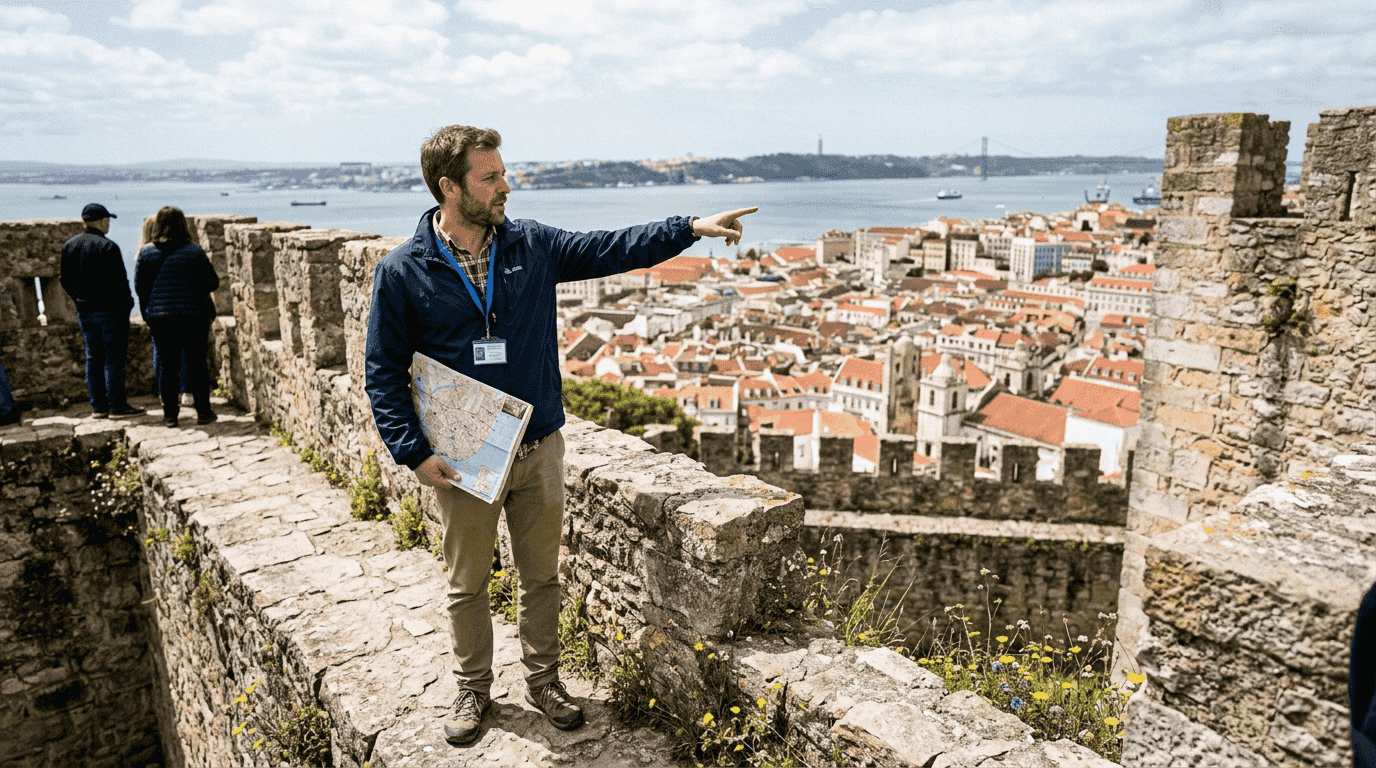 Tour guide on Lisbon Castle wall overlooking city