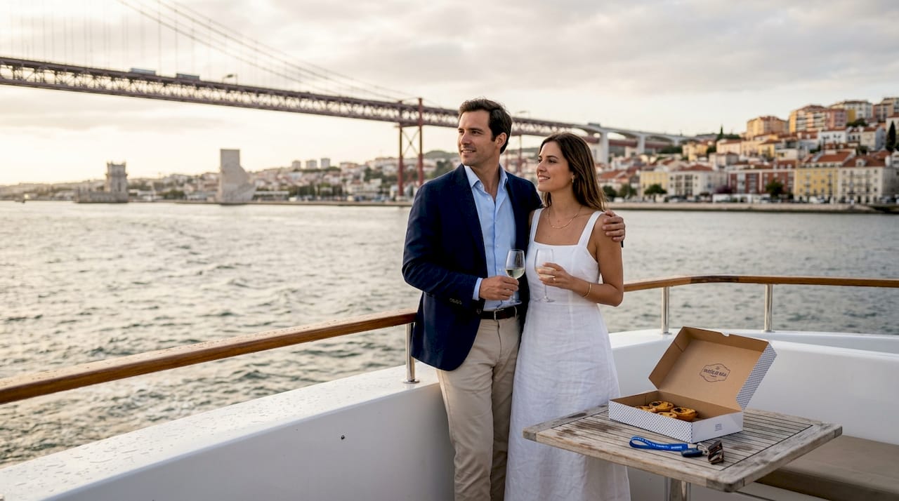 Couple sailing Lisbon Tagus River luxury yacht