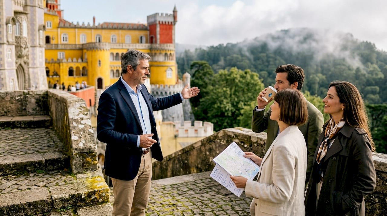 Private tour group at colorful Pena Palace Sintra