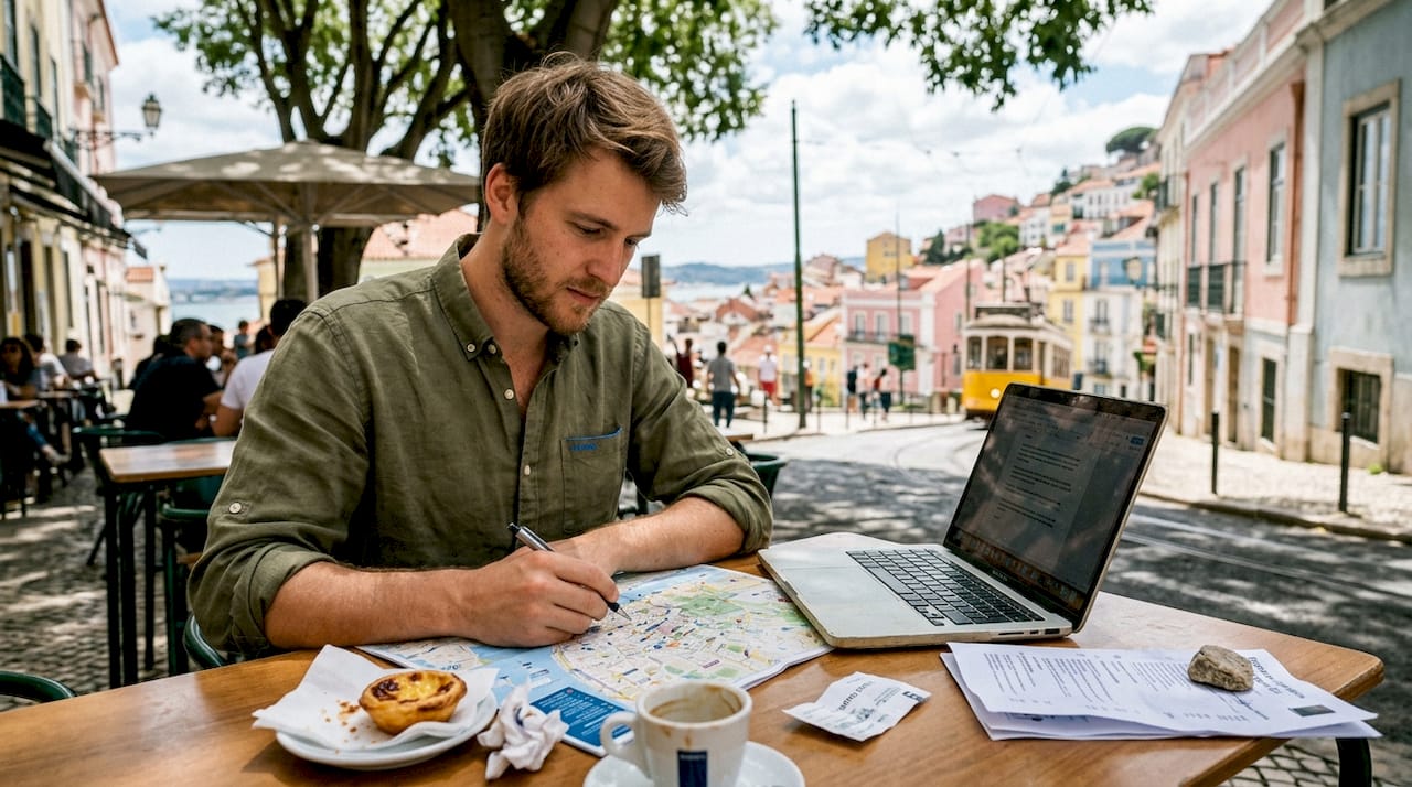 Blogger planning neighborhood itinerary outdoors
