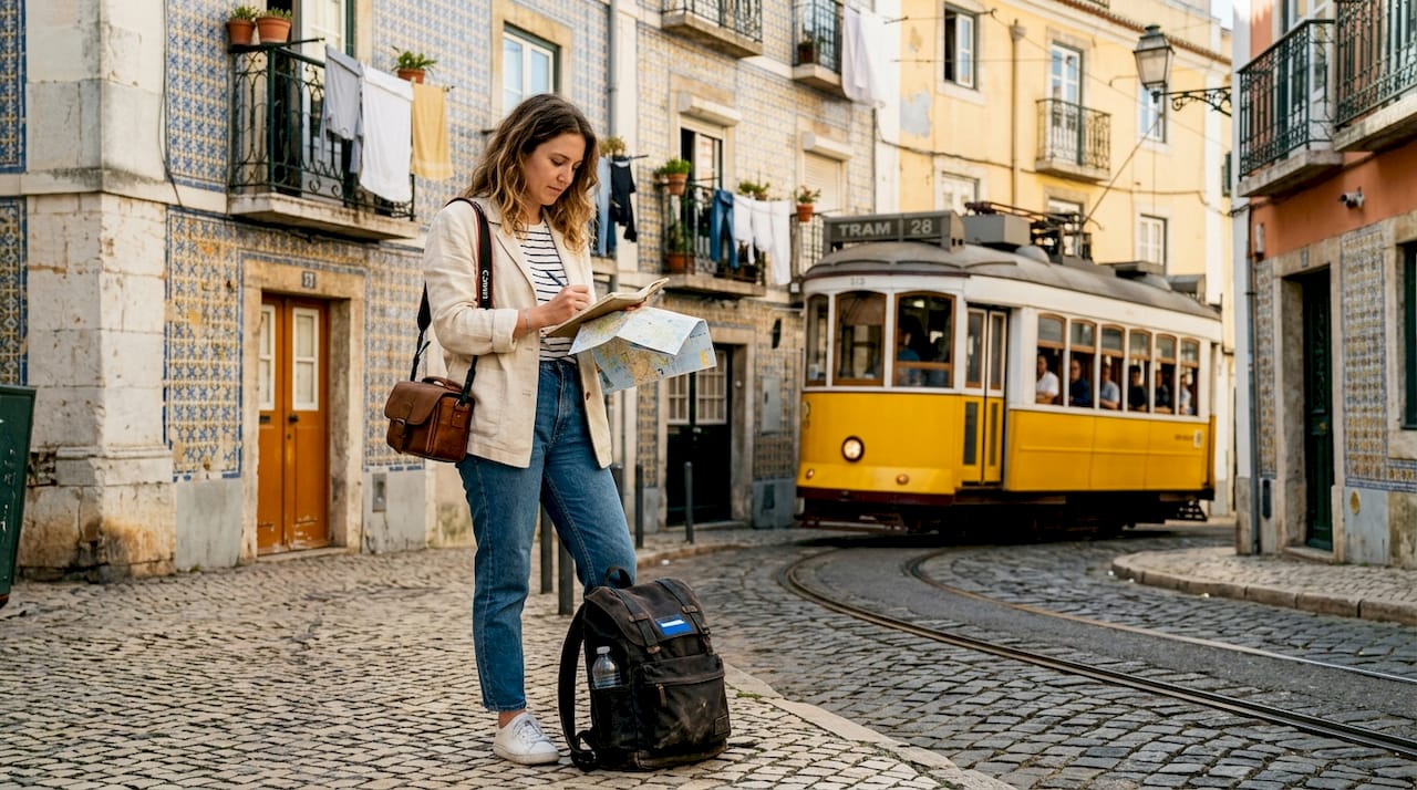 Travel blogger writing in Lisbon street scene