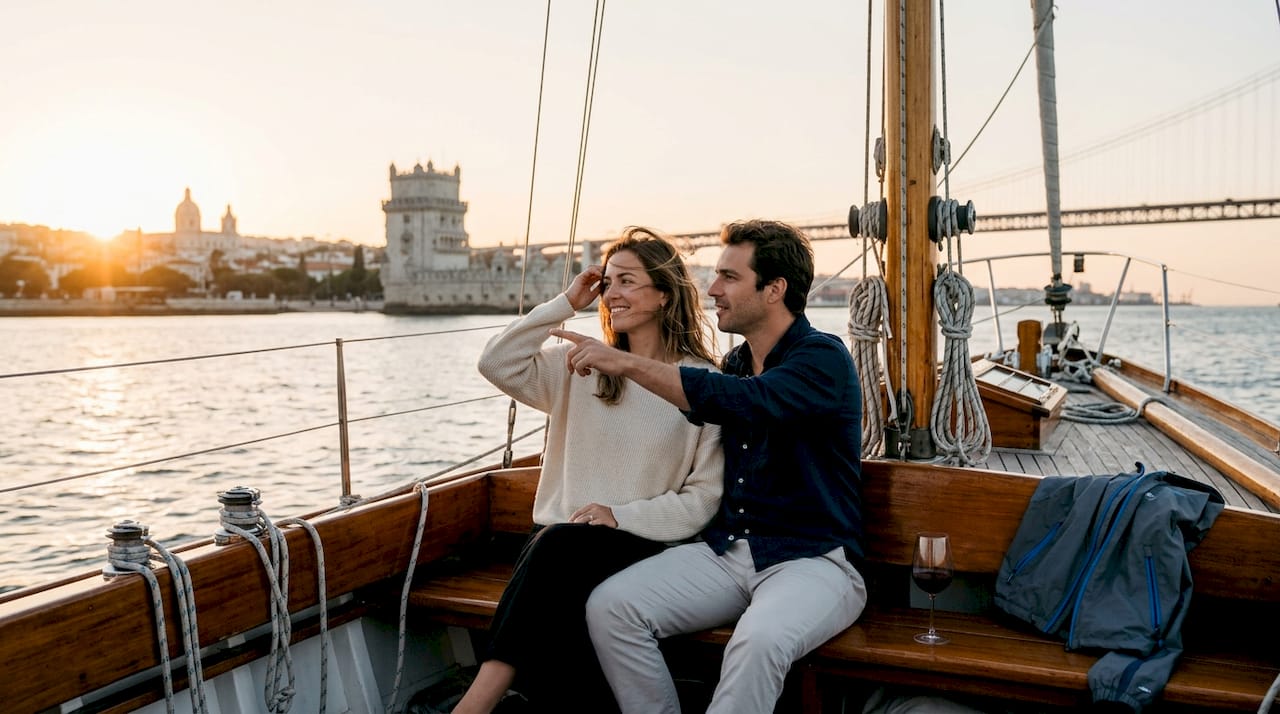 Couple enjoying Lisbon sunset boat cruise