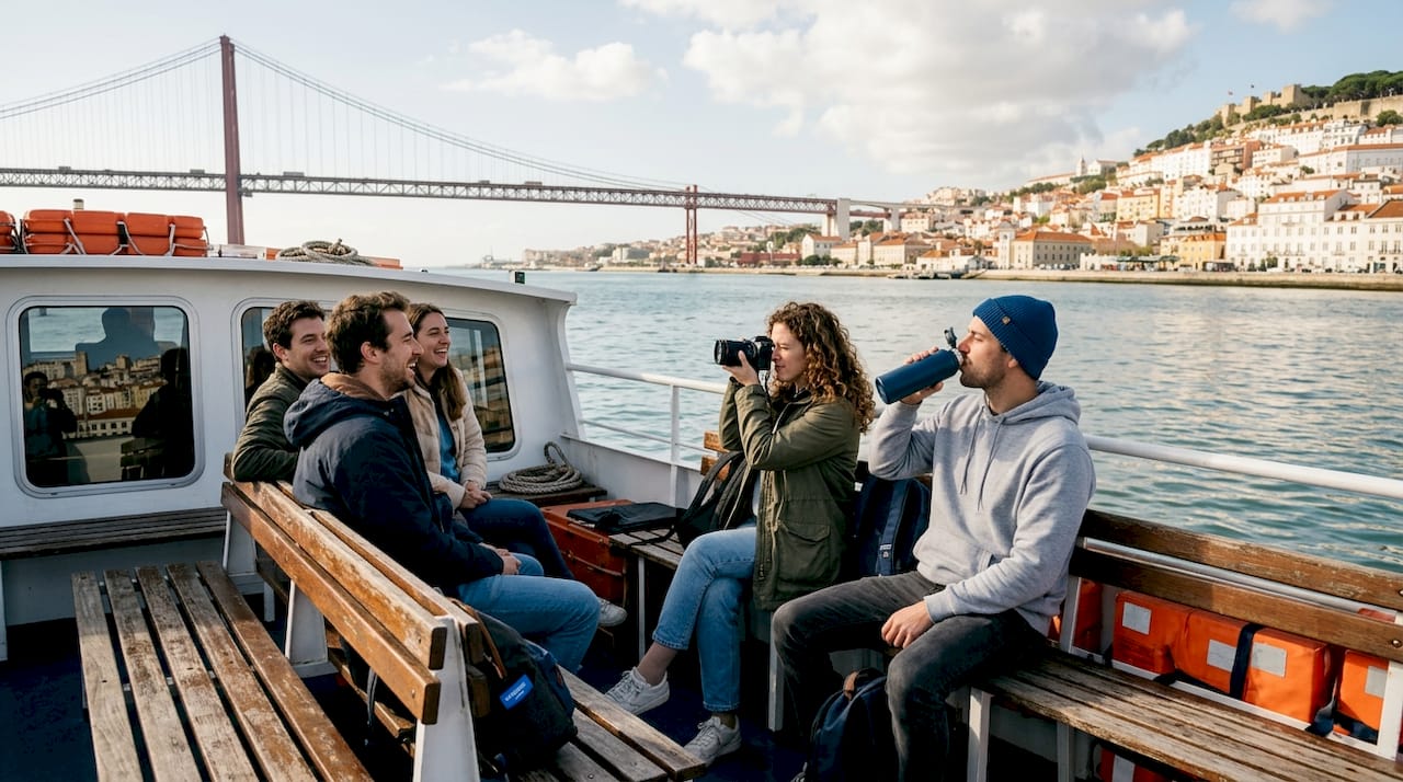 Friends enjoy Lisbon boat tour on Tagus River