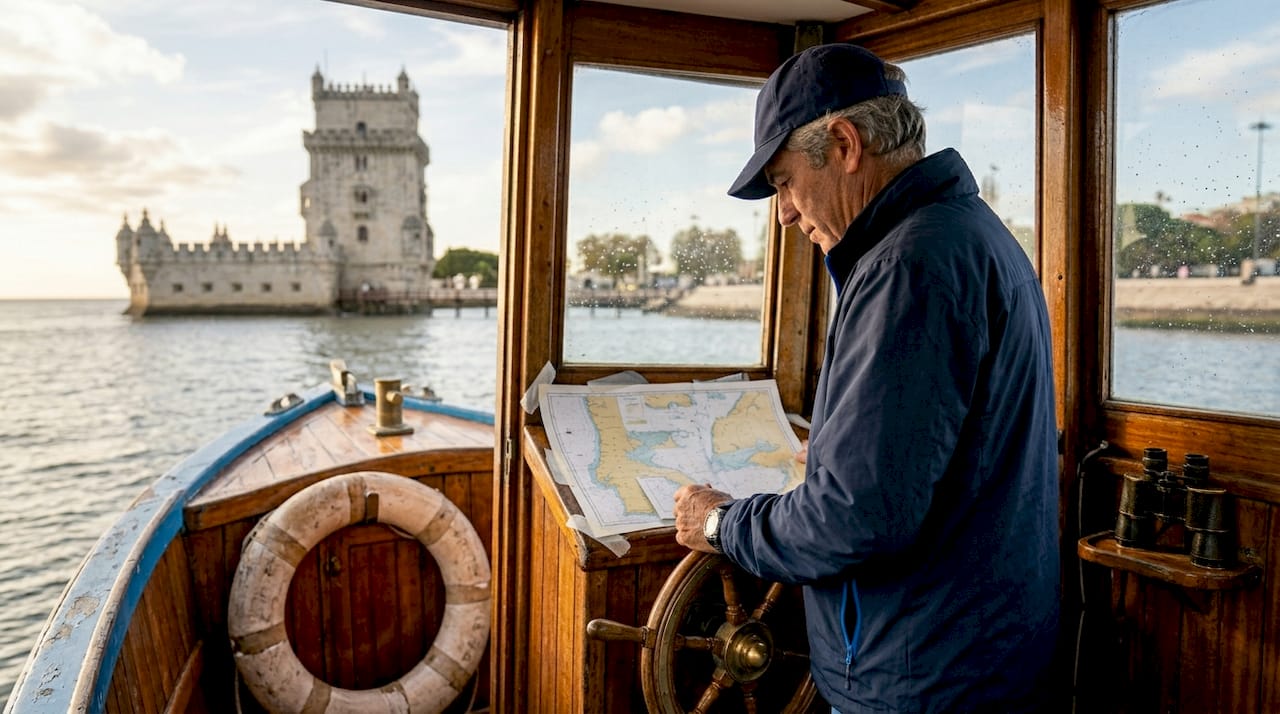 Captain steering vintage wooden boat near Belem