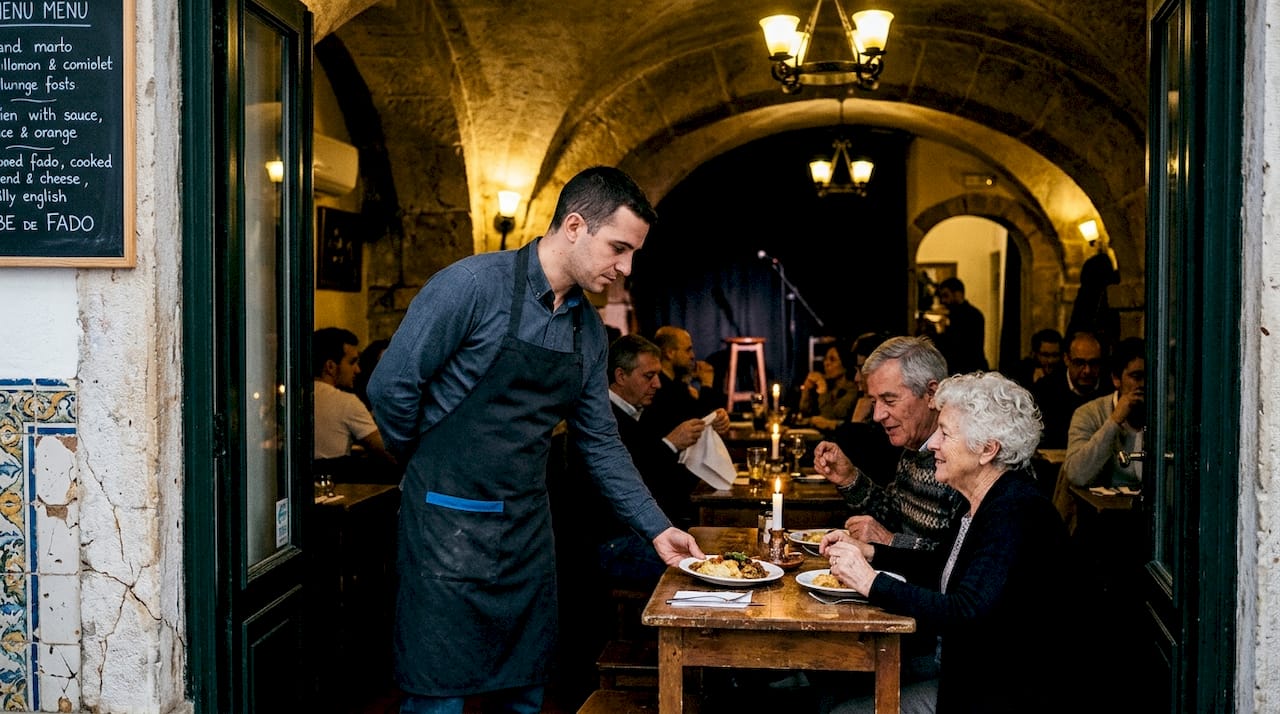 Clube de Fado stone arches with dining guests