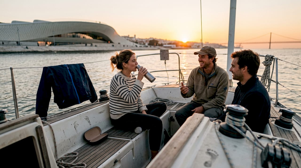 Friends on sailboat with MAAT sunset view