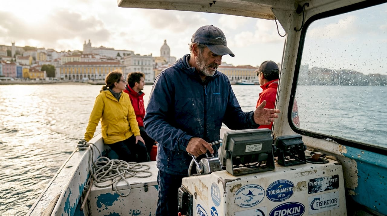 Marlin boat captain sailing Lisbon shoreline