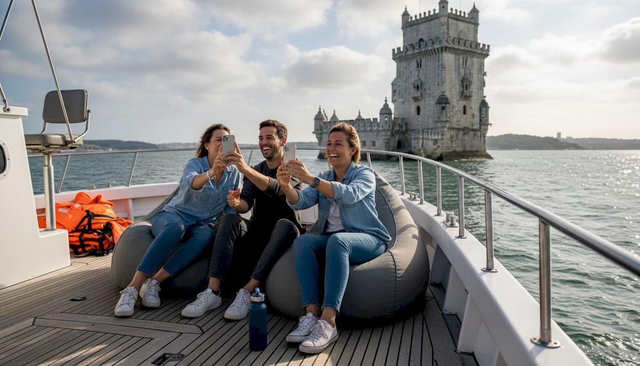 Friends photographing Lisbon landmark from boat