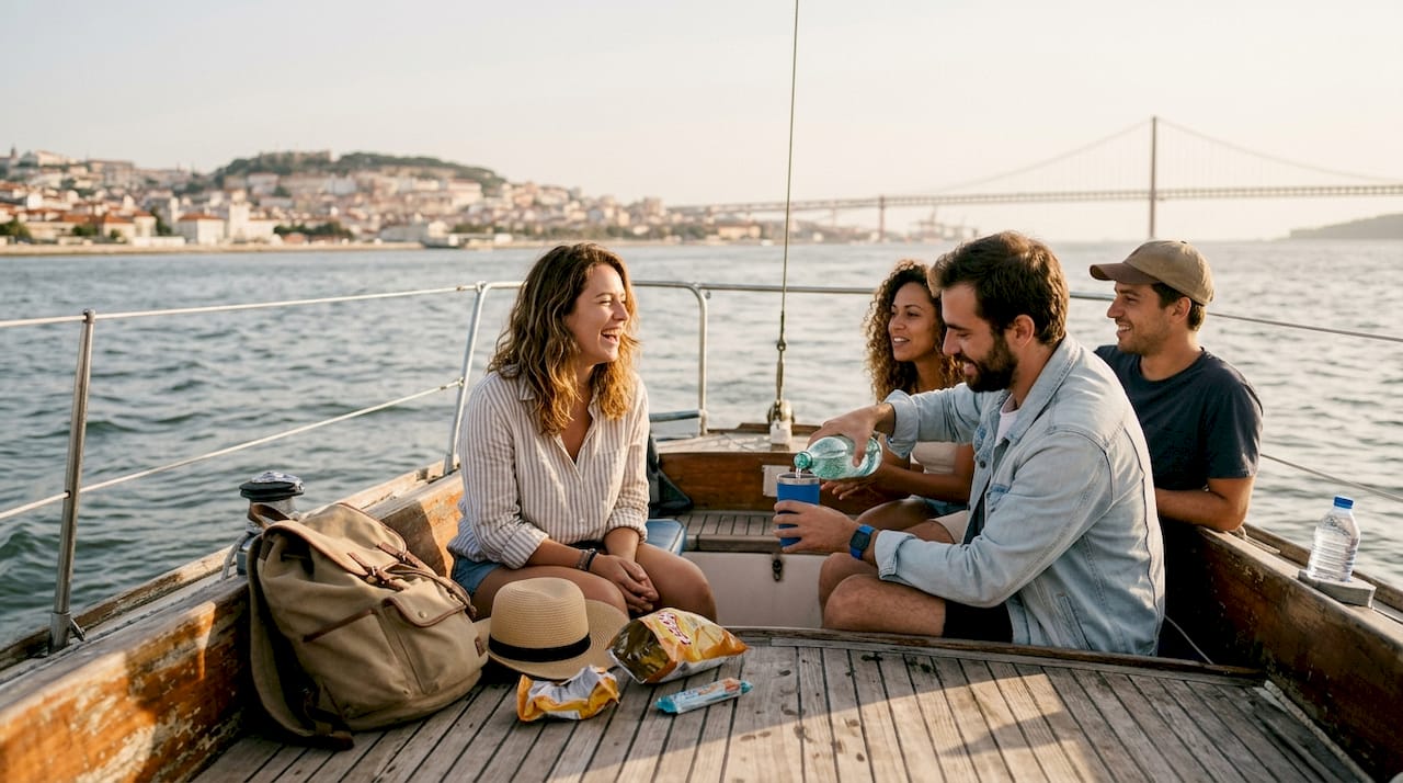Friends sailing near Lisbon skyline Tagus River