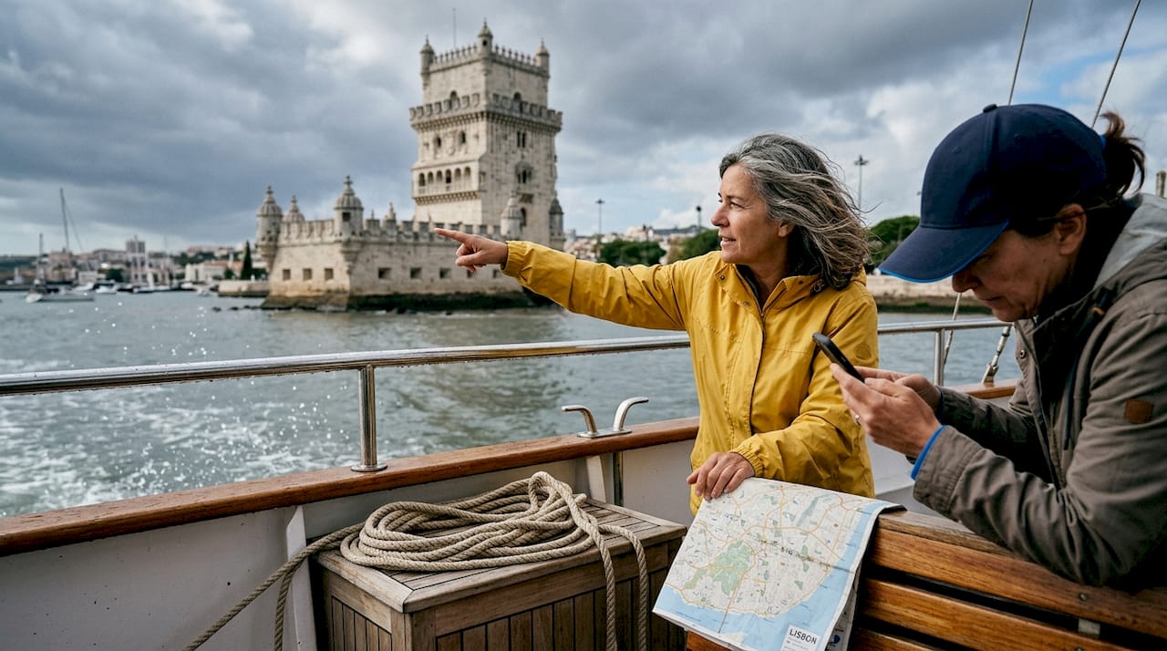 Tourists viewing Belém Tower from sailboat