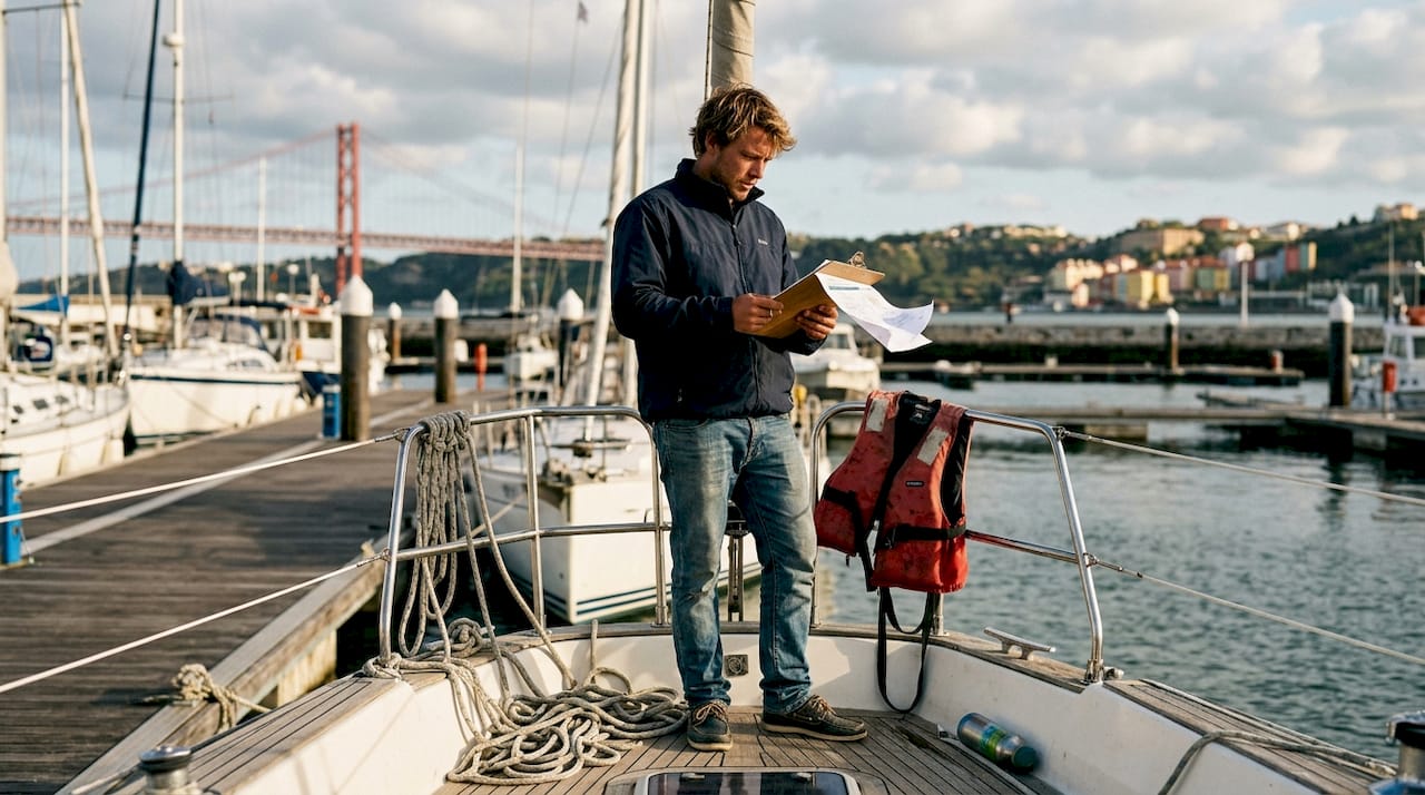 Boat crew checking weather safety details