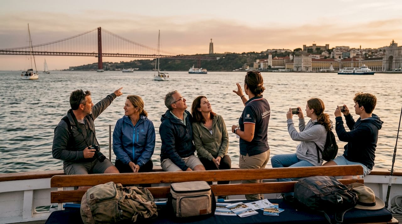 Tourists on boat viewing Lisbon skyline